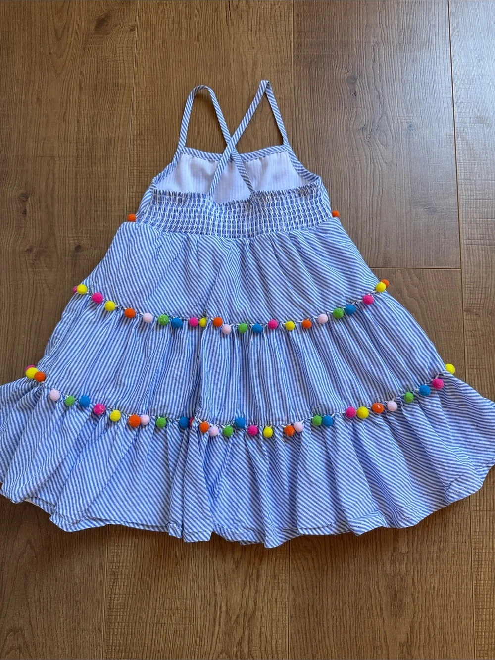 Tommy Bahama Blue & White Striped Pom-Pom Tiered Sundress
